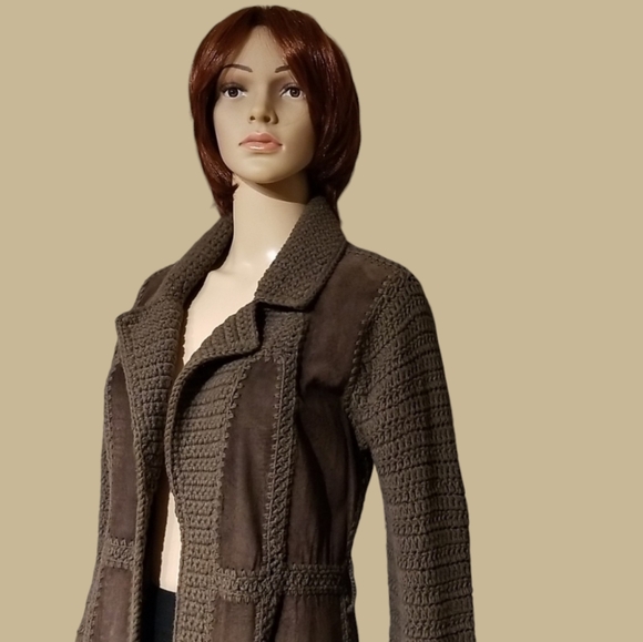 William B Vintage Fall Coat Crochet & Suede Leather / Silk Lined / Sz S / Brown - Picture 3 of 17